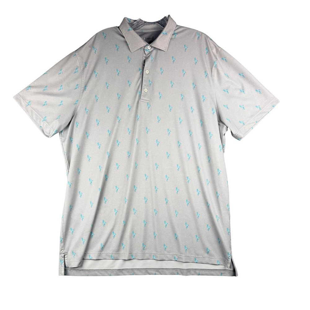 Johnnie-O Mens XL Flamingo Print Polo Shirt Gray Blue Short Sleeve Performance